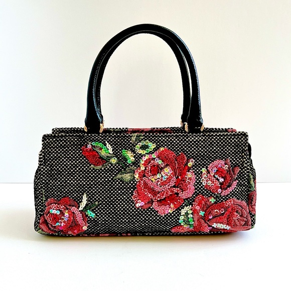 Vintage Handbags - Think Bee! Embroidered-Embellished Rose Tapestry Bag